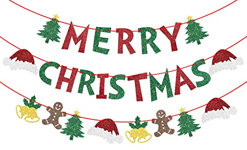 Frohe Weihnachten Banner Buchstaben Girlande mit Aufschrift Merry Christmas Weihnachtswandgirlande für Weihnachten Party Home Dekoration Hängen 3 Stück