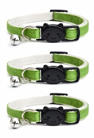 Velvet Cat Collars with Bell. Safe Breakaway Quick Release Buckle. Available in Cat & Kitten Size (Pack of 3) (Cat Collar (20cm - 30cm), Apple Green (Pack of 3))