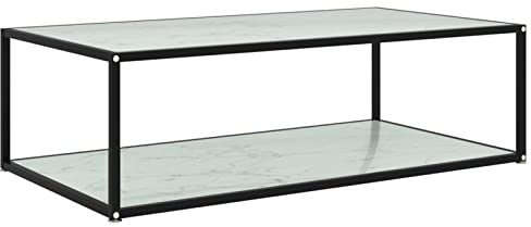 Tidyard Beistelltisch 2-stufig Couchtisch Wohnzimmertisch Teetisch Sofatisch Glastisch Kaffeetisch Tisch Weiß 120 x 60 x 35 cm (L x B x H) Mit Marmor-Optik Hartglas,pulverbeschichteter Stahl