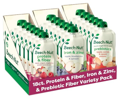 Beech-Nut Baby & Toddler Food Pouches Variety Pack, Protein & Fiber/Iron & Zinc/Prebiotic Fiber Fruit & Veggie Purees, 3.5 oz (18 Pack)