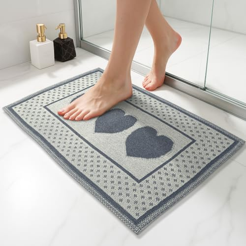 CosìCasa Badteppich rutschfest waschbar & weich - Ideal als Badematte, Badezimmerteppich oder Badvorleger - Bad Teppich 40x60 fürs Badezimmer - Badezimmermatte Herzen - Creme und Grau