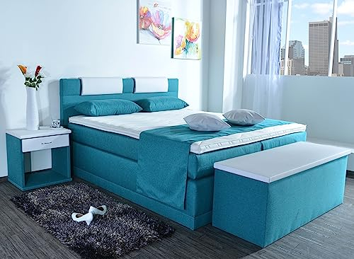 AUKONA Boxspringbett Piano 140x200, Türkis H3, 7 Zonen Taschenfederkern-Matratze, H2 H3 H4, Komfortschaum-Topper, Lieferung und Aufbau kostenlos