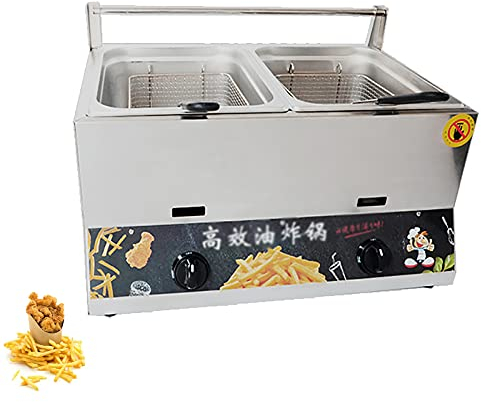 CHEMYO Friteuse Double Gaz 12L, avec Panier et Couvercle, Comptoir en Acier Inoxydable, Propane-GPL Peut être Utilisé, pour Frites Maison Cuisine Restaurant