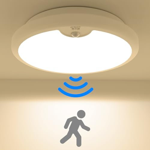 Peasur Motion Sensor LED Ceiling Light Battery Operated, 3000K 300LM Battery Wall Lights Indoor, Ø18cm White Bath Ceiling Lights, Wireless Light for Loft,Garage,Shed,Porch,Attic