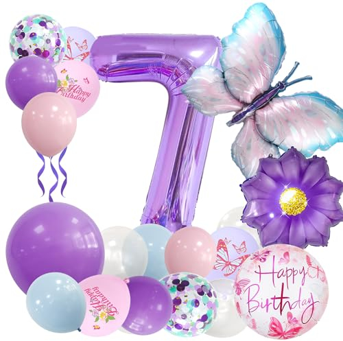 Afritee Schmetterling Ballon 7. Geburtstag MäDchen-Lila Geburtstagsdeko 7 Jahre Junge Luftballon 7. Geburtstag Geburtstagsdeko 7 Jahre MäDchen Schmetterling Sonnenblume Happy Birthday Ballons
