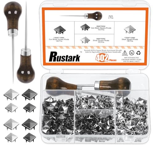 Rustark 402 remaches cuadrados piramidales de metal, punk, punk, puntos, kit surtido con 2 punzones, remaches cuadrados de cuatro mandíbulas, tachuelas de cabeza de clavo para manualidades, decoración