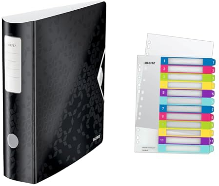 Leitz Set Qualitäts-Ordner 180° Active WOW A4, Breit, 8,2 cm, Gummibandverschluss, Schwarz + Leitz Register für A4, PC-beschriftbares Deckblatt, und 12 Trennblätter, WOW Serie, 11060095 + 12440000
