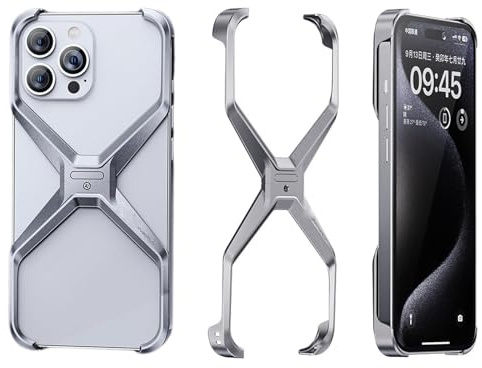 X Shape Anti-Fall Bare Phone Case, X Shaped Metal Frame for iPhone 15 14 13 Pro Max, Dissipate Heat Frameless Aluminum Alloy Anti-Fall Metal Corner Pad Case for iPhone (for iPhone 13 Pro Max,Silver)