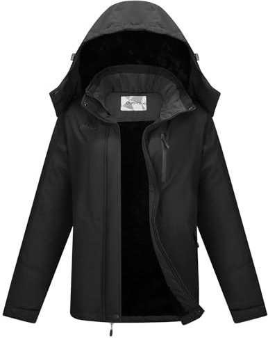 OutPro Skijacke Damen mit Wasserdichte Regenjacke Winddicht Warm Winterjacke Hooded Abnehmbarer, mit Reißverschlusstaschen Snowboardjacke Geeignet für Outdoor-Aktivitäten, Skifahren Schwarz S