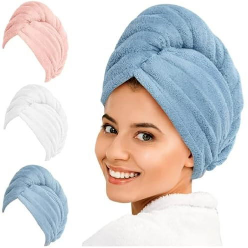 EDB 3 Pack Luxurious Hair Turban Towel Wrap 100% Cotton - Hair Drying Towels Set for Women Wet Hairs – Quick Dry & Highly Absorbent - Terry Cloth Shower Cap for Ladies