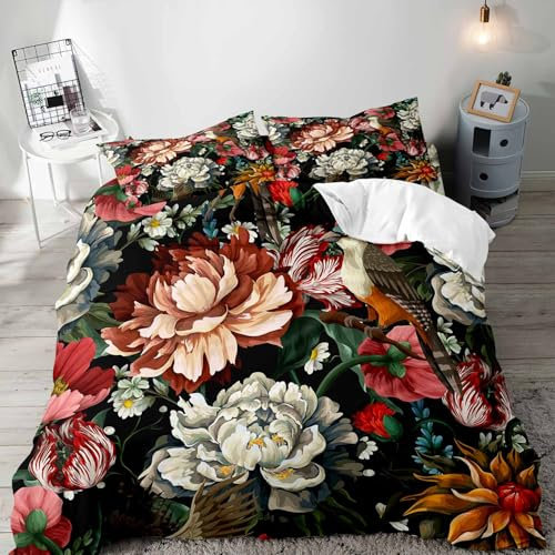 LUVIVIHOME 3PCS Vintage Floral Duvet Cover King Bedding Set, Retro Boho Watercolor Bird Botanical Plant Blossom Burgundy Peony Pink Poppy White Daisy Rose Flower Comforter Quilt Cover, 2 Pillow Cases