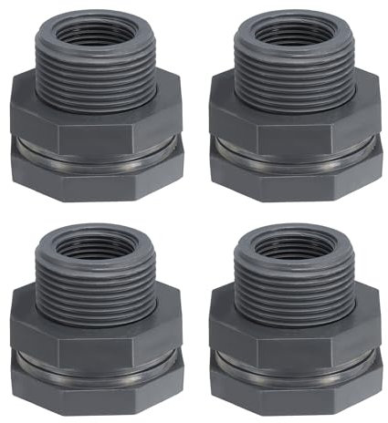 PATIKIL NPT 3/4 PVC Bulkhead Fitting, 4er Pack Doppelt Gewinde PVC Bulkhead Wasserbehälter Anschluss mit Dichtung für Regenfass Waschbecken Aquarien, Grau
