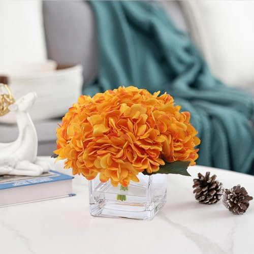 rubystory Seide Hortensie Künstliche Blumen in Vase mit Kunstwasser, Seidenblumenarrangements in Vase für Hochzeit, Esstisch, Wohnzimmer (Orange)