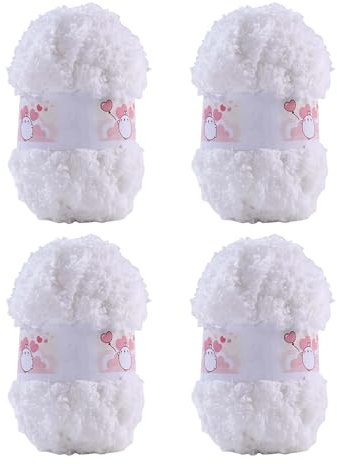 ACESOME 4 x 50g Plüsch Garn mit Fransen, flauschiges Kunstfellgarn zum Häkeln und Stricken (Mikrofaser, Weiß)