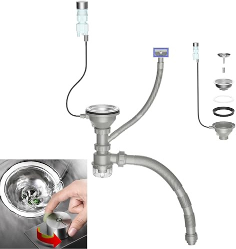 QruiLanTu 4 1/2'' Kitchen Sink Waste Kit with Push Button Control, Stainless Steel Basket Strainer, Overflow, Flexible Waste Pipe and Anti-Block Bottle Trap for Single Bowl Sink