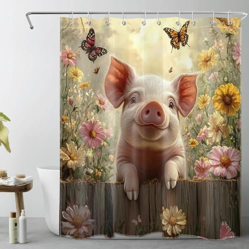 LB Niedliches Schwein Duschvorhang 120x175cm Gelbe rosa Blume ästhetischer Schmetterling Antischimmel Wasserdicht Badezimmer Vorhänge,Tier Bauernhof Extra Kurz Polyester Stoff Bad Vorhang mit Haken