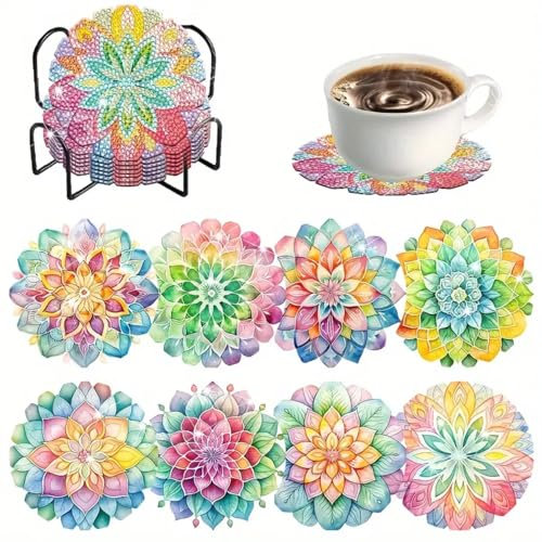 Diamond Painting Untersetzer mit Halter,8 Stück 5D Diamond Painting Blume DIY Set für Kinder Erwachsene Basteln,Anfänger Diamant Tassenuntersetzer rutschfest fur Tassen,Vasen,Kerzen