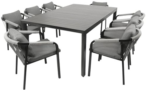 DEGAMO Gartenset Garnitur Lagos XL 9-teilig (8X Stapelsessel Rope, 1x Ausziehtisch 195/255x120cm), Alu anthrazit, Outdoor