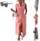 Generisch Robe longue en jean sans manches pour femme avec lacets, sans manches, avec revers, boutonnière et poches, Rose, M