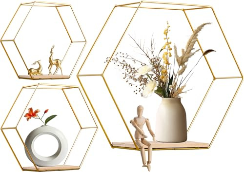 Cptoion 3 Stück Hexagon Wandregal Metall, Gold, 3 Größen | Hängeregal Schweberegal, Wandregals Hexagon, Wand Regal for Wanddeko in Wohnzimmer, Café, Hotel, Schlafzimmer, Bad