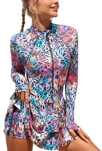 Ausing Femme Maillot de Surf à Manches Longues Rashguard 1 Pièce Maillot de Bain Protection Solaire Plage S-XL