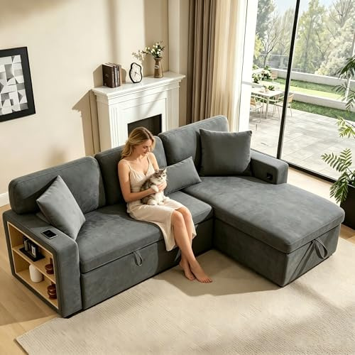 Wyibwy L-förmiges Ecksofa mit USB-Anschluss und integriertem Regal, 3-Sitzer Schlafsofa mit ausziehbarem Bett, verwandelbares Sofa mit Stauraum, Oxford-Stoff, für Wohnzimmer, Dunkelgrau