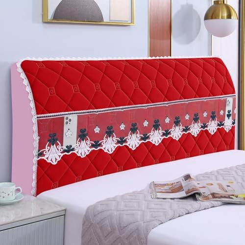 JANEMUA Bed Headboard Slipcover with Lace Pocket, Solid Color Headboards Cover, Lozenge Pattern Dustproof Protector Cover-Red||240cm