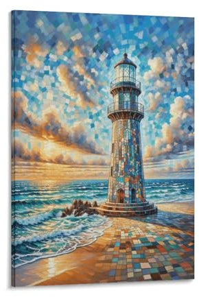 EMYXPAQM Leuchtturm Leinwandbilder Leuchtturm Mosaik Wandbild Auf Leinwand Modern Zimmerdeko Für Wohnzimmer Schlafzimmer Geschenk 16x24inch(40x60cm)
