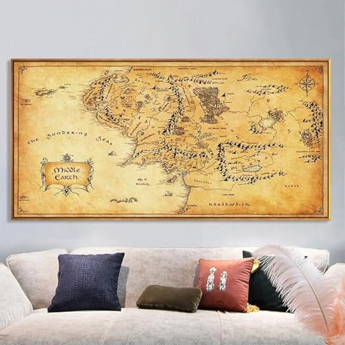 TONGYINLI Karte von Mittelerde, Leinwandgemälde, Poster und Drucke, Wandkunst im Vintage-Stil, Bilder für Wohnzimmer, Heimdekoration, 60 x 120 cm, rahmenlos