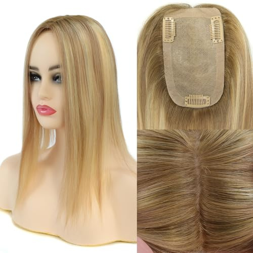 Topunique Real Human Hair Toppers for Women #TLQ, 3x5 Inch Injected Silk Base 130% Density 16 Inch Length Hair Toppers