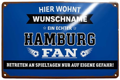 schilderkreis24 - Personalisierbares Blechschild 20×30 cm – „Hier wohnt... ein echter Hamburg Fan – Betreten an Spieltagen nur auf eigene Gefahr“ – Fußball-Türschild Geschenkidee