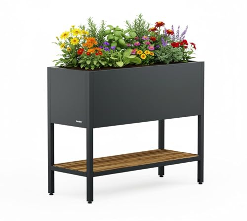 Herstera Garden Deco | Hochbeet mit Holzablage | Metall Anthrazit | 100x40x80 cm | pulverbeschichtet | FSC®-zertifiziertes Kiefernholz | Indoor & Outdoor