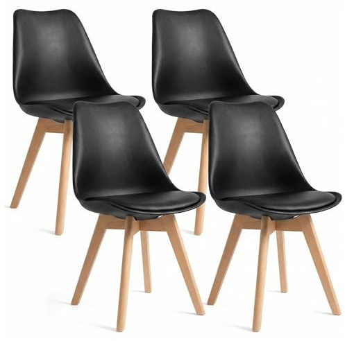 Dining Chairs Set of 4, Modern Upholstered Dining Room Chairs with PU Leather Padded Seat, Armless Kitchen Chairs with Curved Backrest and Solid Wood Legs for Dining Room, Kitchen, Apartment, Black