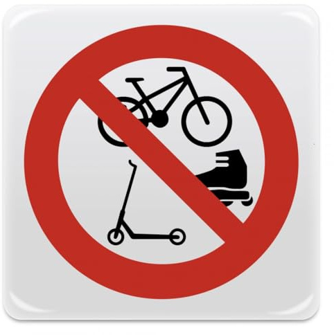 Cartello Adesivo Divieto di accesso a Biciclette, Monopattini e Pattini - Pittogramma adesivo effetto lente di formato mm. 95x95, realizzati in pvc bianco e stampati tecnica serigrafica