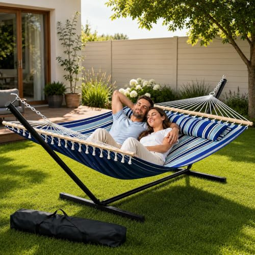 GarveeMore Doppelhängematte mit Gestell für 2 Personen, 290× 150 cm (L× B) | Inkl. Tragetasche | Stahlgestell Bis 215 kg | Robuster Stahlrahmen | Für Terrasse, Balkon, Veranda, Garten Und Schlafzimmer