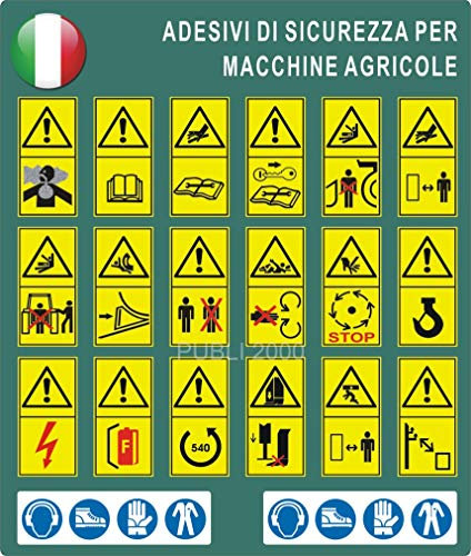 PUBLI 2000 20 Klebepunkte ISO 11684 Sicherheitssymbole Gelb Vinyl Aufkleber für Traktoren und Landwirtschaftsmaschinen