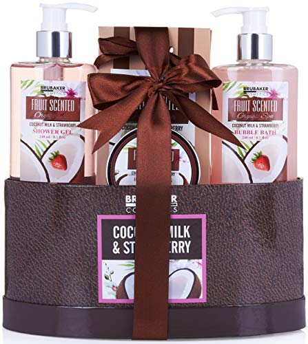 BRUBAKER Cosmetics Bade- und Dusch Set Kokosnuss und Erdbeer Duft - 5-teiliges Geschenkset in Geschenkbox