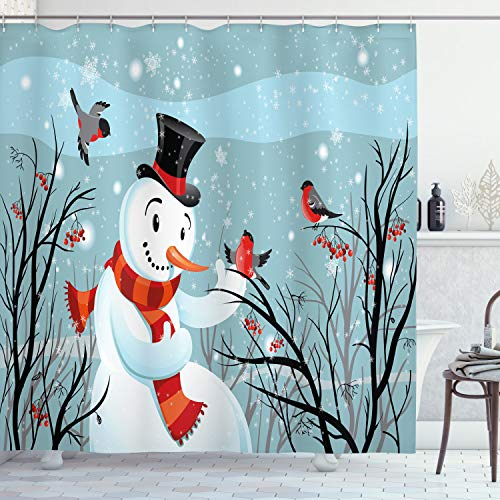 ABAKUHAUS Weihnachten Duschvorhang, Snowy-Winter-Baum, Stoffliches Gewebe Badezimmerdekorationsset mit Haken, 175 x 200 cm, Mandelgrün Orange