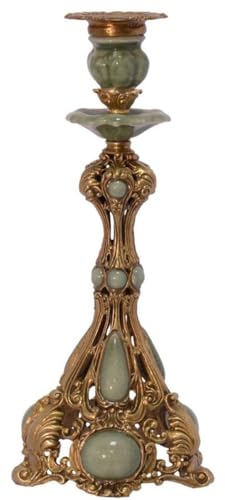 Casa Padrino Jugendstil Kerzenständer Messing/Grün 15,2 x 15,2 x H. 31,8 cm - Barock & Jugendstil Deko Accessoires