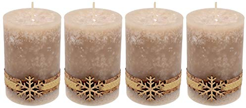 ZauberDeko 4 Adventskerzen Kerzen Stumpenkerzen Beige Schneeflocke Holz Advent Weihnachten Deko Tischdeko