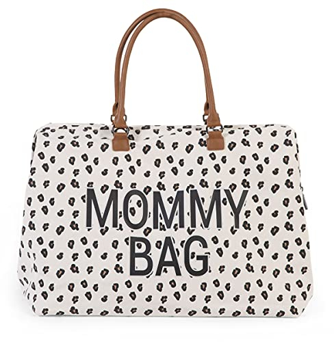Childhome, Mommy Bag, Wickeltasche, Mutterschaft, Reisetasche, Großes Fassungsvermögen, Wickelunterlage, Verstellbarer Schulterriemen, Unterteilt, Isotherm-Tasche, Kofferdurchführung, Leopard