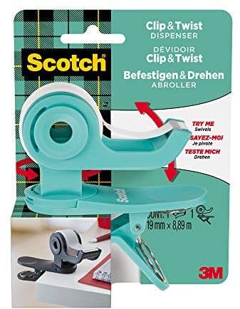 Scotch Clip & Twist Klebeband-Abroller C19, Blaugrün + Scotch Magic Unsichtbares Klebeband, 1 Rolle (19 mm × 8,89 m) - Nachfüllbarer Klebebandabroller für Schule, Zuhause und Büro