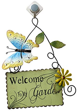 Jycra, cartello di benvenuto da giardino con scritta in lingua inglese Welcome to My Garden, in metallo da appendere, con farfalla, decorazione da parete per esterni, giallo, 18cm x 30cm