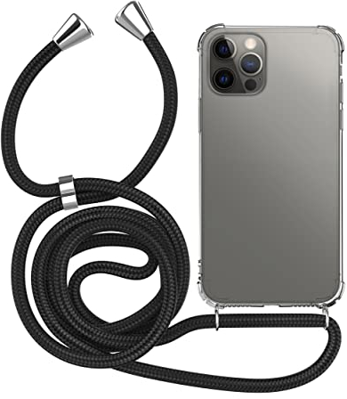 MyGadget Strap Case for Apple iPhone 12 Pro Max - Crossbody Phone Cover - TPU Silicone Case with Neck Holder - Cord Lanyard Carrier with Rope in Black