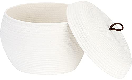 Sea Team Cesta de almacenamiento redonda y elegante de cuerda de algodón con tapa - Organizador multifuncional para bocadillos, toallas y más - Ideal para su hogar, 13 x 9 pulgadas.