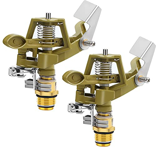 2 Pieces 1/2 Inch Brass Impact Sprinkler, Heavy Duty Sprinkler Head with Nozzles, Adjustable 0-360 Degrees Watering Sprinklers for Yard, Lawn and Grass Irrigation