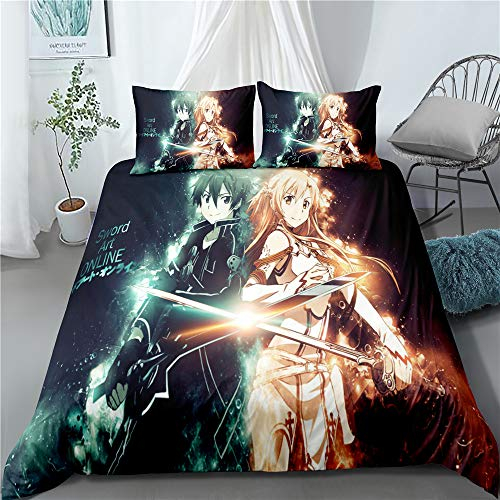 MeeTe Bettbezug Bettwäsche-Set 3-teilig Sword Art Online Bettwäsche-Set 3-teiliges Bettbezug-Set Mit Reißverschluss Extra Weich Und Strapazierfähig Mit 2 Kissenbezügen (SAO 02,135 x 200 cm)