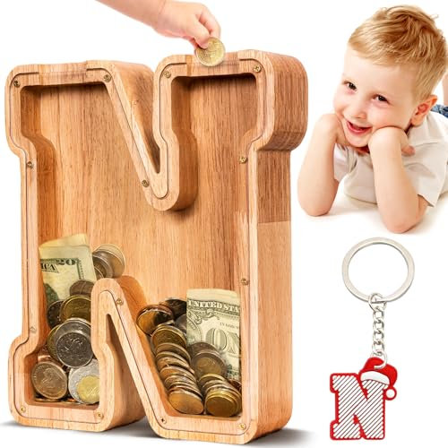 Summidate Spardose für Kinder Junge, Personalisiert Holz Großes Sparschwein, Unzerbrechliches Buchstabe A-Z Sparbüchse für Kinder Mädchen, Erwachsene, Geschenk&Dekoration