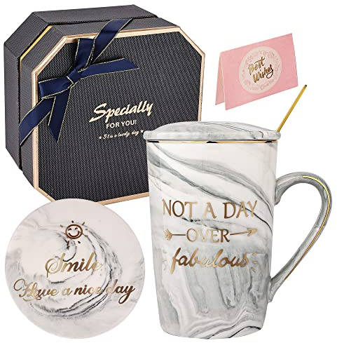 Not A Day Over Fabulous Mug,Birthday Gift for Women,Ceramic Marble Coffee Mug Funny Gift Set Ideas for Women Mum Him Her Wife Girl Friend Sister Teacher Grandma Coworker,Mothers Day Gift 14 oz (Grey)