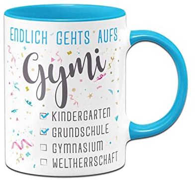 Tassenbrennerei Original Tasse Endlich gehts aufs Gymi - Geschenk zum Schulwechsel 5. Klasse Gymnasium - Einschulung weiterführende Schule (Blau)